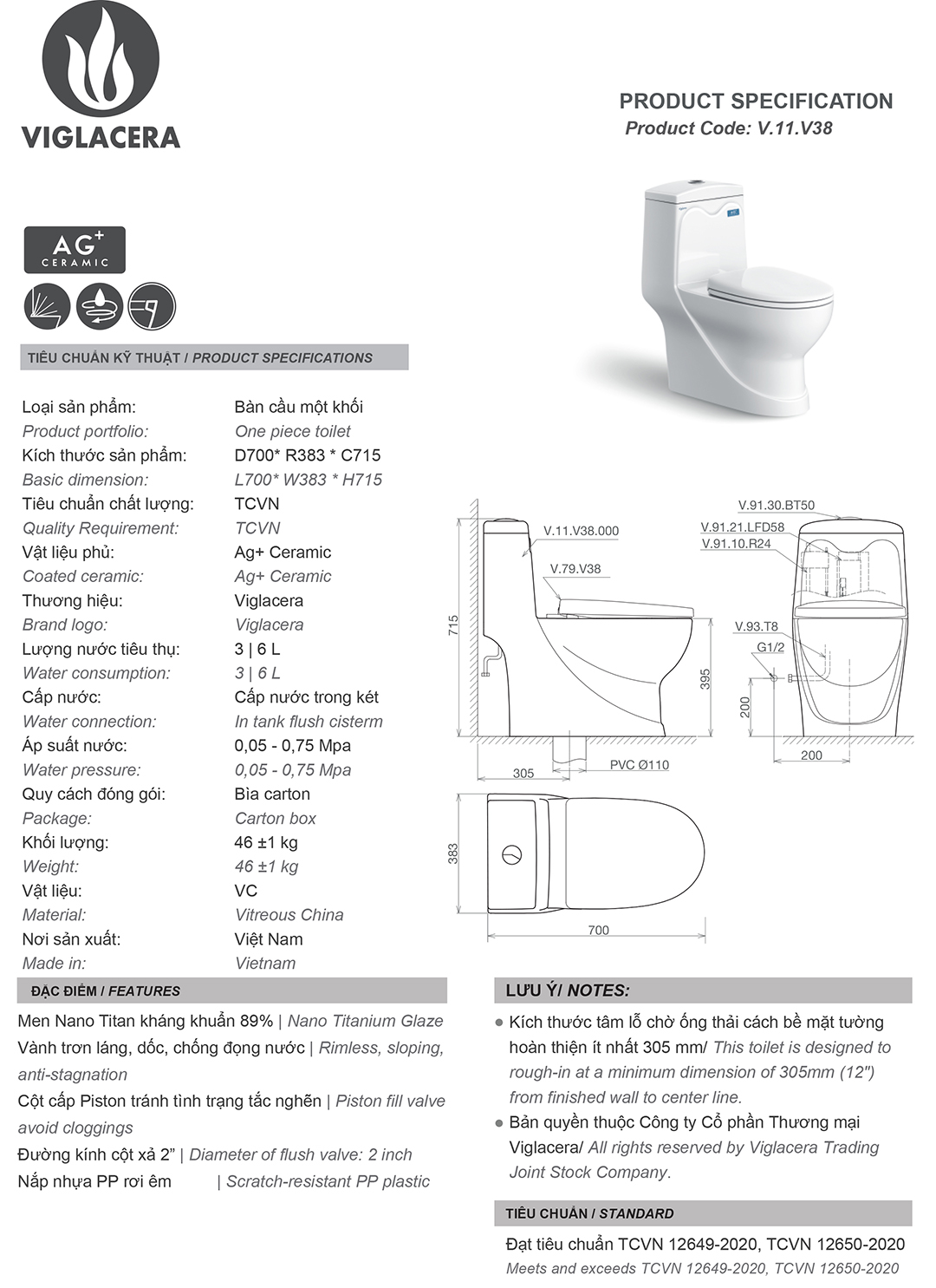 Bàn cầu một khối V38 ban ve thong so bon cau bet ve sinh ket lien 1 khoi viglacera V38